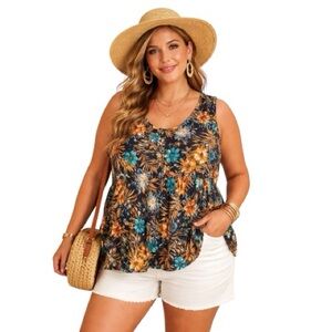Lands’ End 1X Tropical Floral Tiered Tank Top Cotton Peplum Plus Size Coastal